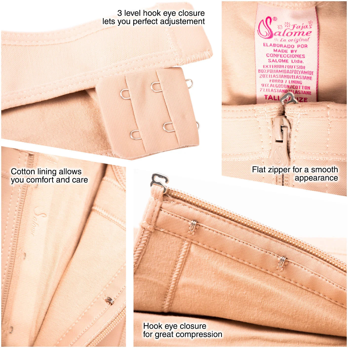 Fajas Salome 419 beige post-surgery faja detail view showing hook eye closure flat zipper and cotton lining Colombian shapewe