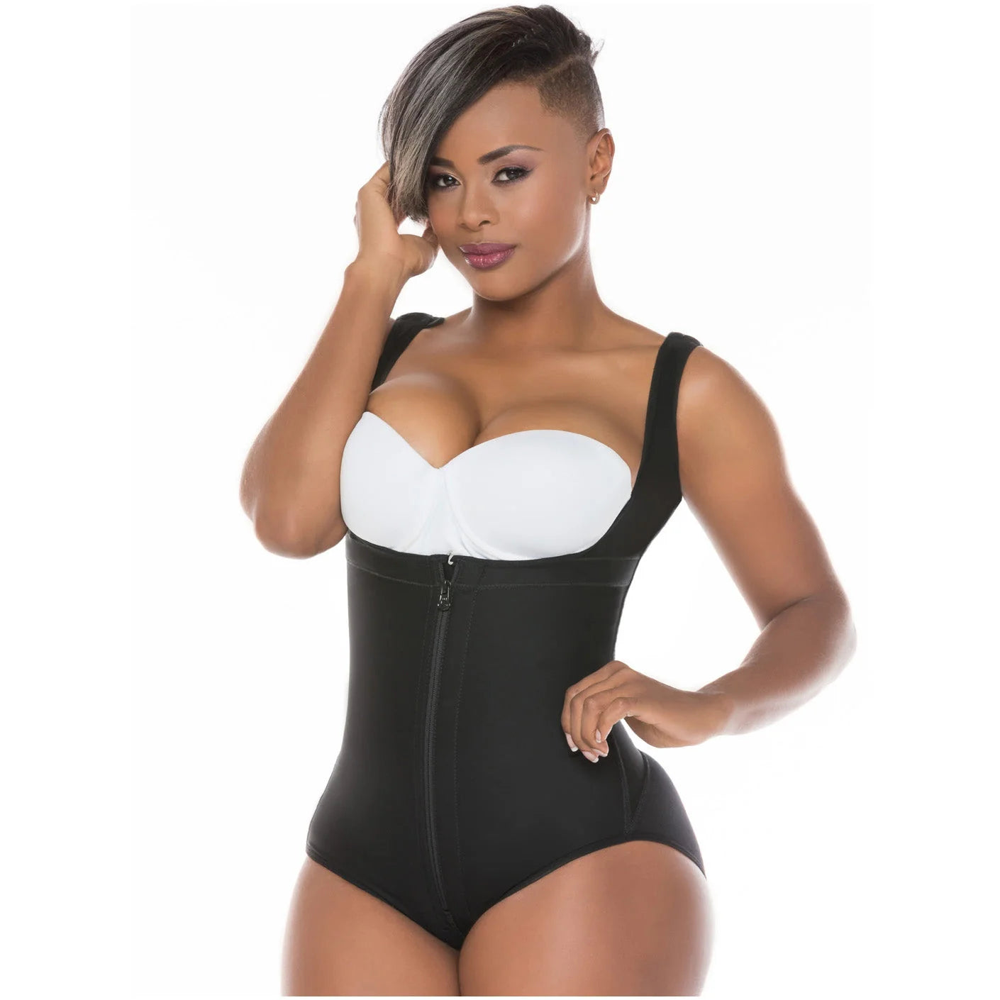 Fajas Salome 419 black open-bust bodysuit with zipper closure, Colombian post-surgery faja for postpartum recovery front view