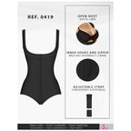 Fajas Salome 0419 black open bust body shaper with zipper closure, Colombian post-surgery compression garment front view