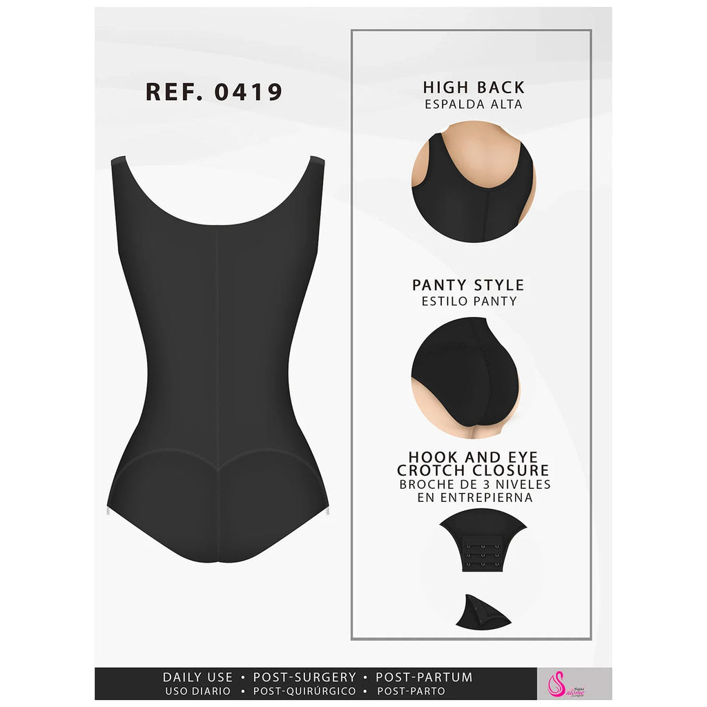 Fajas Salome 0419 black panty-style body shaper with high back and hook closure, Colombian post-surgery compression garment b