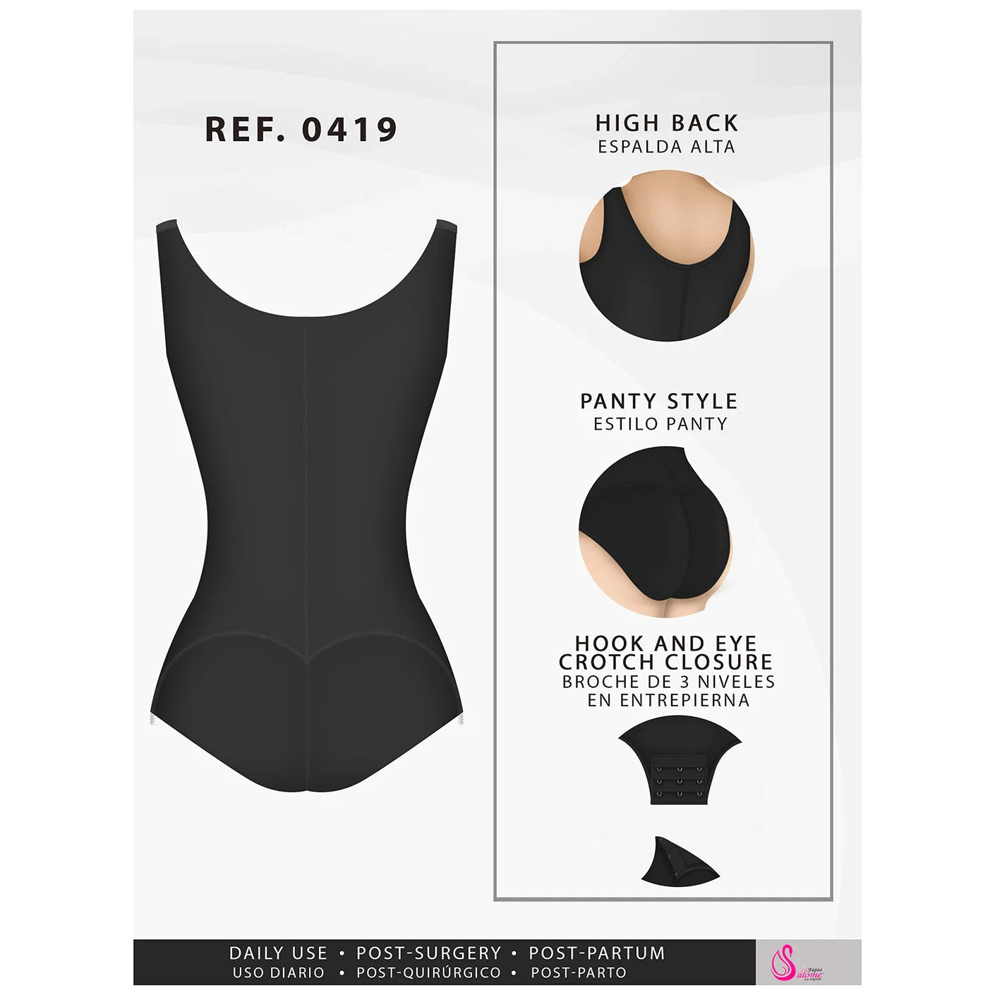 Fajas Salome 0419 black panty-style body shaper with high back and hook closure, Colombian post-surgery compression garment b
