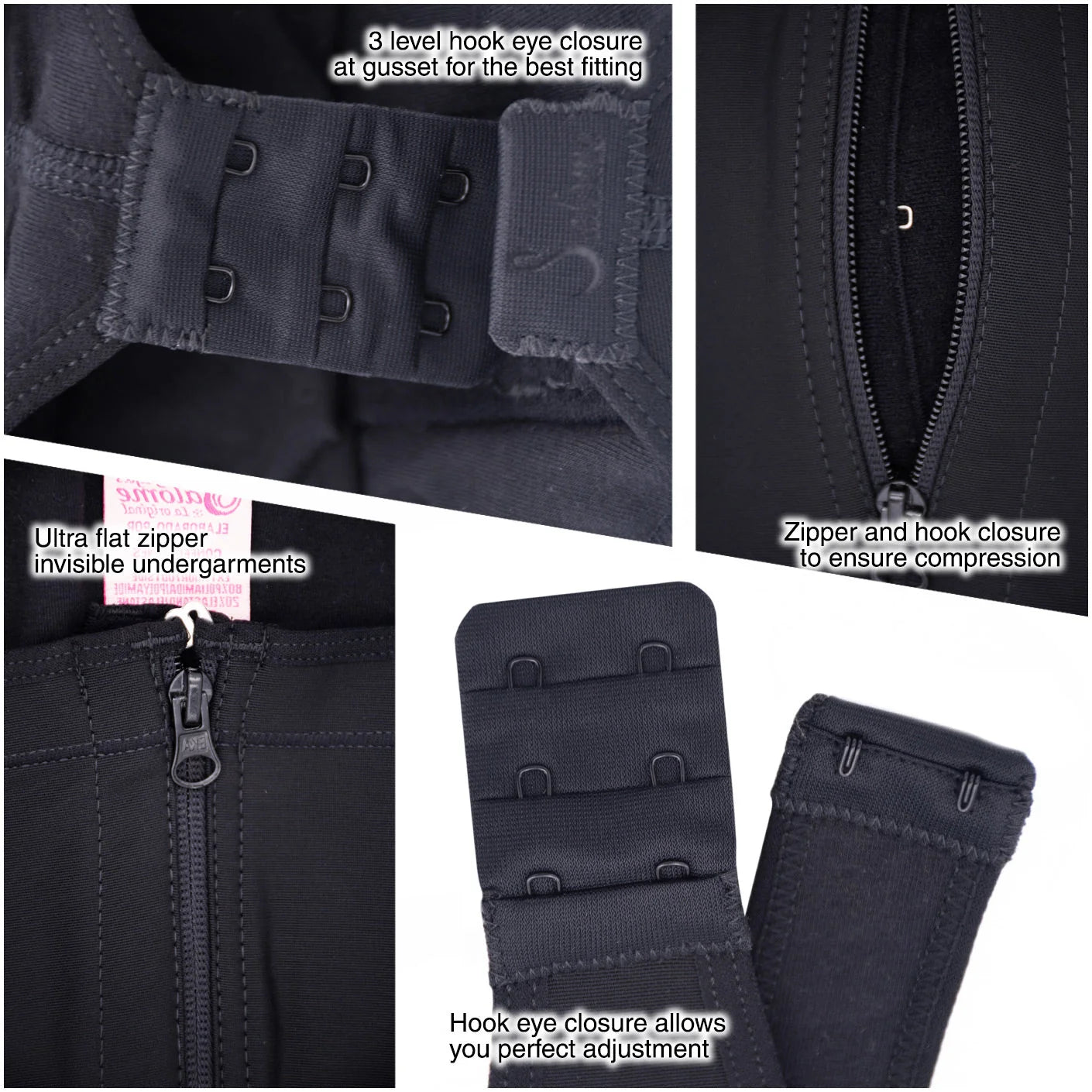 Fajas Salome 419 black post-surgery faja closeup showing 3-level hook eye closure zipper compression garment detail view
