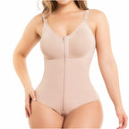 Fajas Salome 420 nude zip-front bodysuit with built-in bra, Colombian shapewear daily body shaper front view