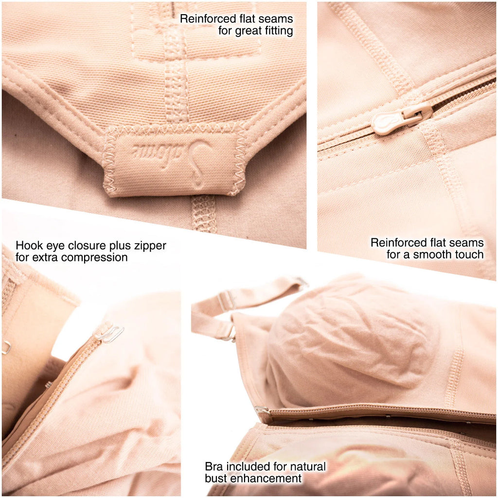 Fajas Salome 420 beige full-body Colombian shapewear with reinforced flat seams, zipper closure, and included bra for daily u