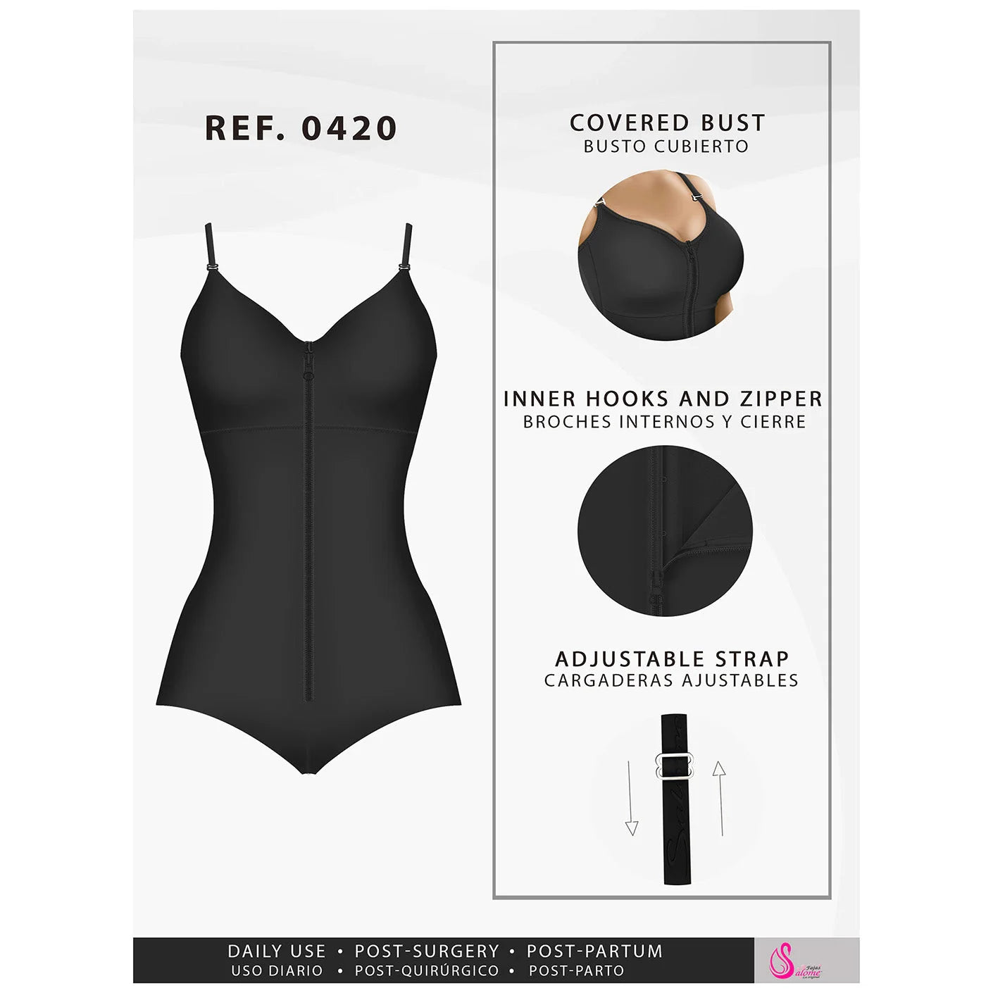 Fajas Salome 0420 black full-body Colombian shapewear bodysuit with zipper closure and adjustable straps front view