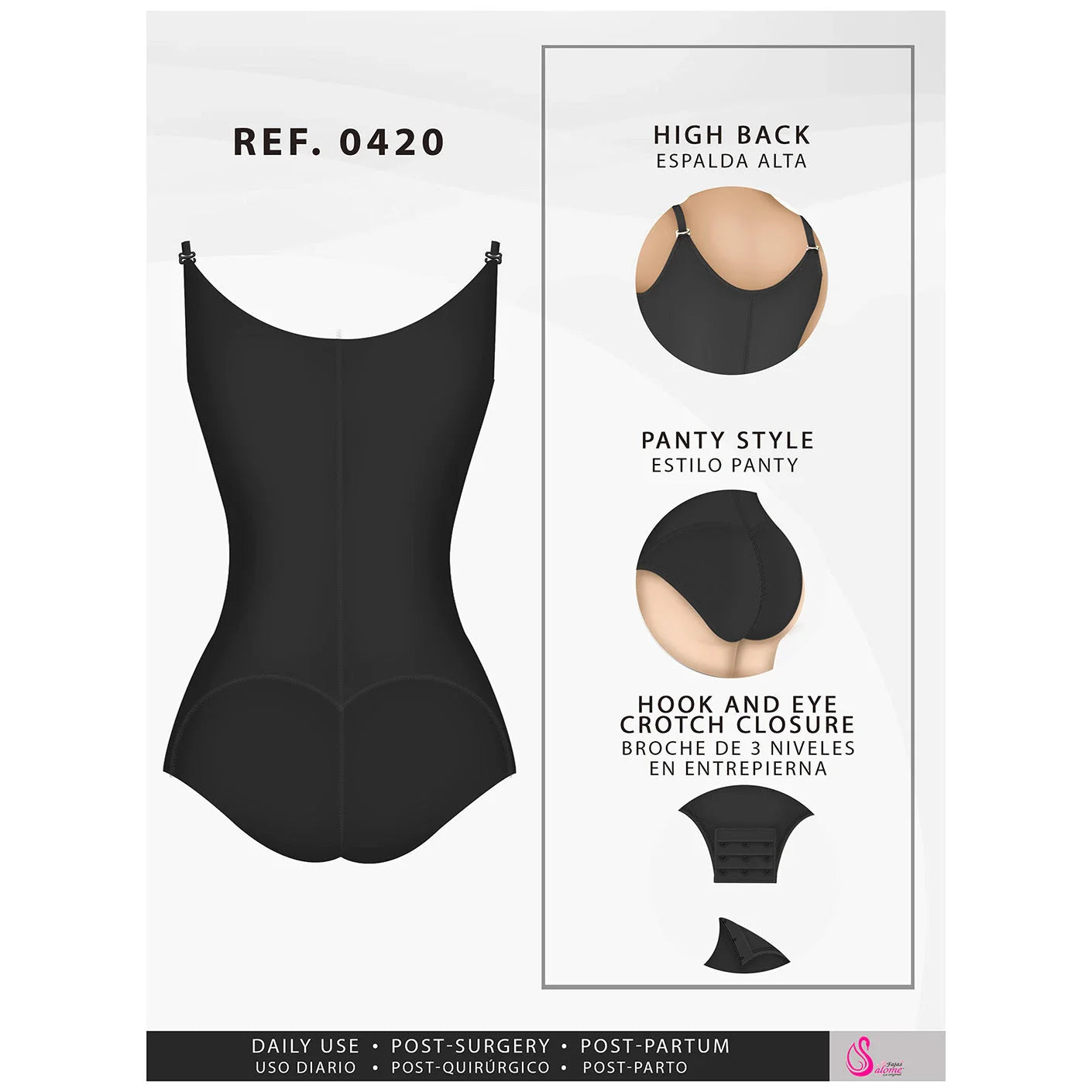 Fajas Salome 0420 black full-body Colombian shapewear bodysuit with high back and hook-eye crotch closure back view