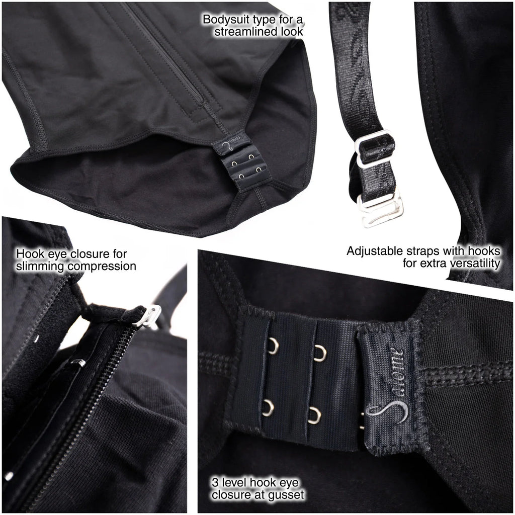 Fajas Salome 420 black bodysuit detail showing hook eye closure, adjustable straps, and 3-level gusset Colombian shapewear