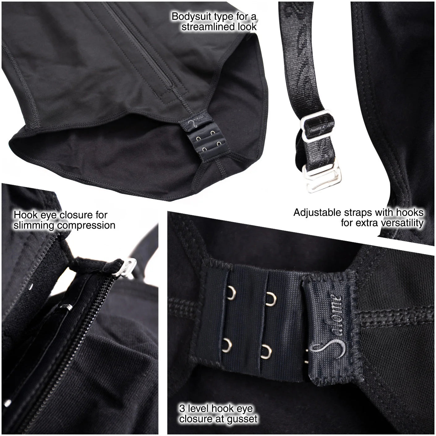 Fajas Salome 420 black bodysuit detail showing hook eye closure, adjustable straps, and 3-level gusset Colombian shapewear