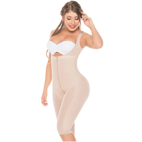 Fajas Salome 518 beige full-body post-surgery faja with front zipper and knee-length cut, Colombian shapewear front view