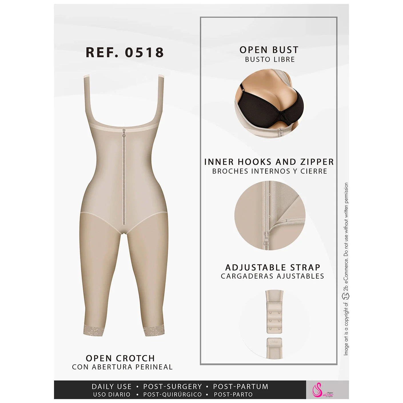 Fajas Salome 0518 beige open-bust post-surgery faja colombiana with zipper closure and adjustable straps front view