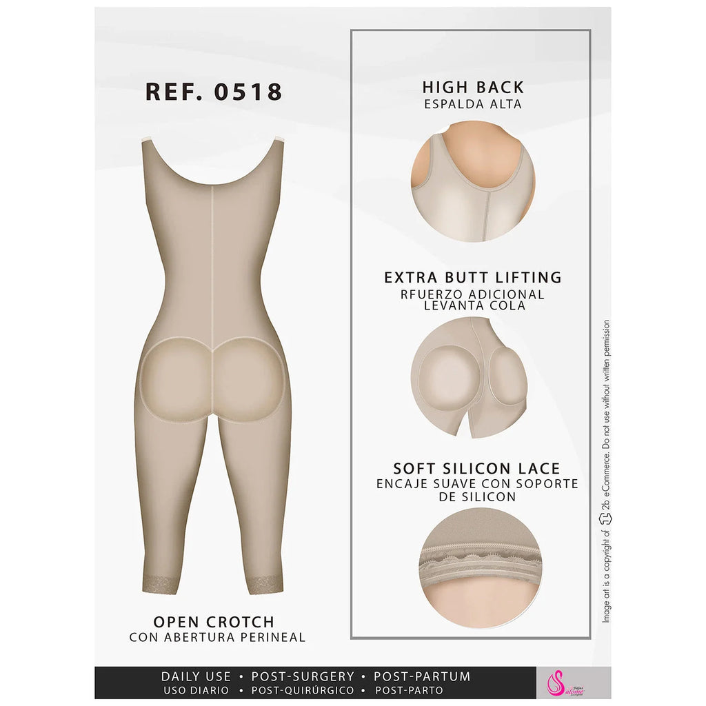 Fajas Salome 0518 beige full-body post-surgery faja with butt lifting and open crotch, Colombian shapewear back view