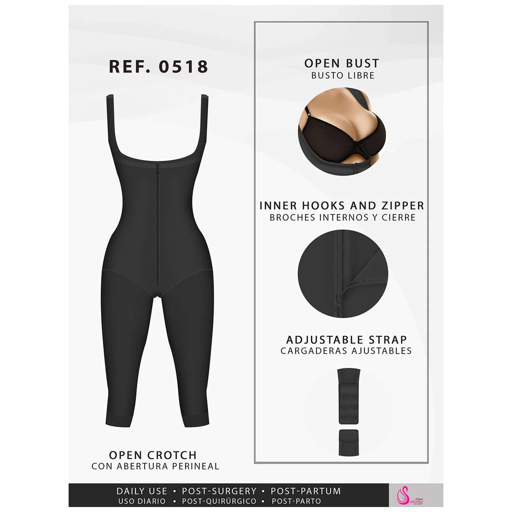 Fajas Salome 0518 black open-bust full-body post-surgery faja with zipper closure and adjustable straps front view