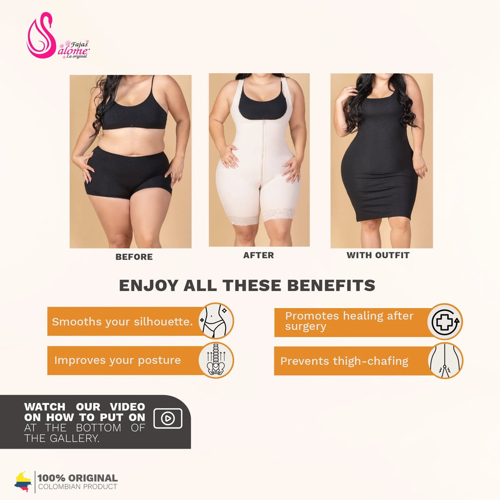 Fajas Salome 520 beige post-surgery full body shaper before after comparison, Colombian shapewear faja colombiana front view