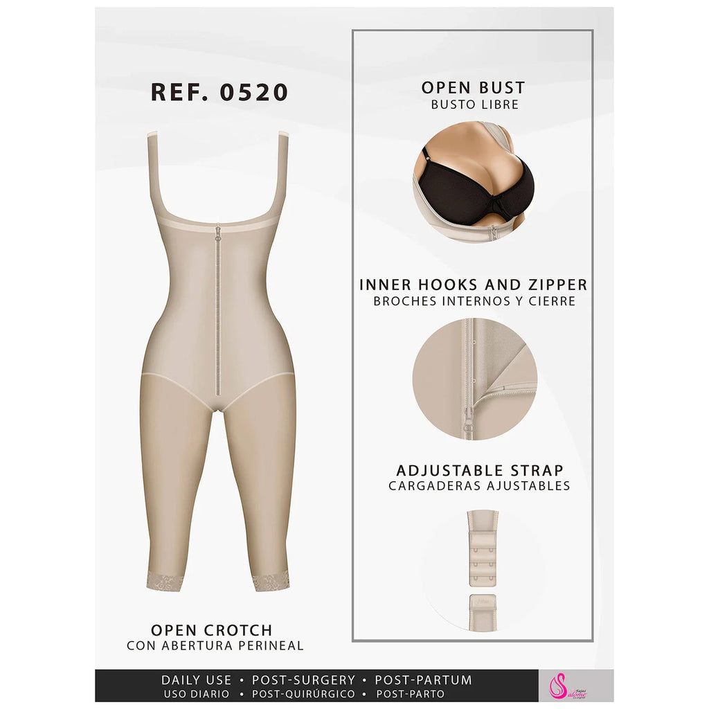 Fajas Salome 0520 beige open-bust full-body Colombian shapewear with zipper closure, post-surgery compression garment front v