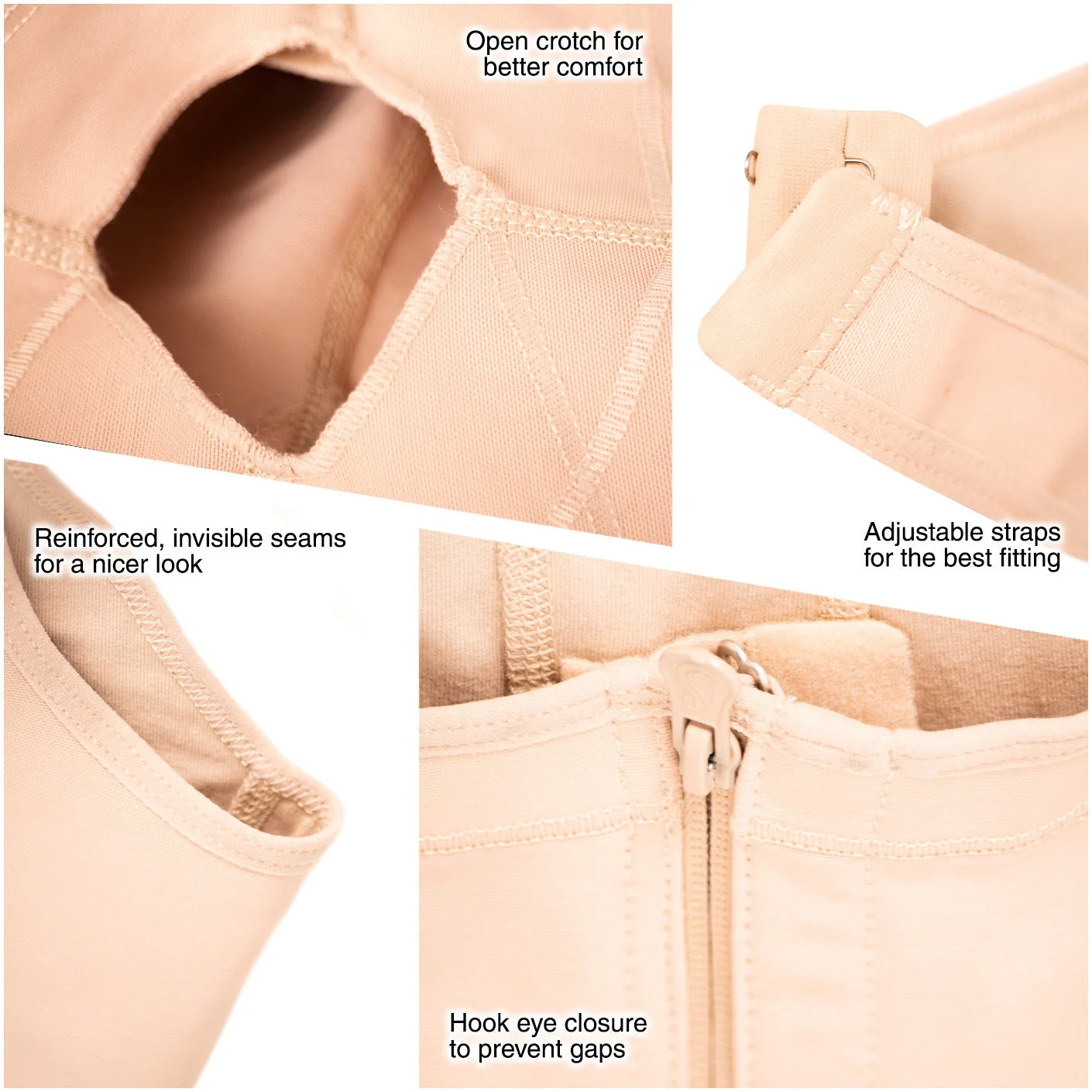 Fajas Salome 520 nude post-surgery faja detail view showing open crotch, hook eye zipper closure, adjustable straps, and rein