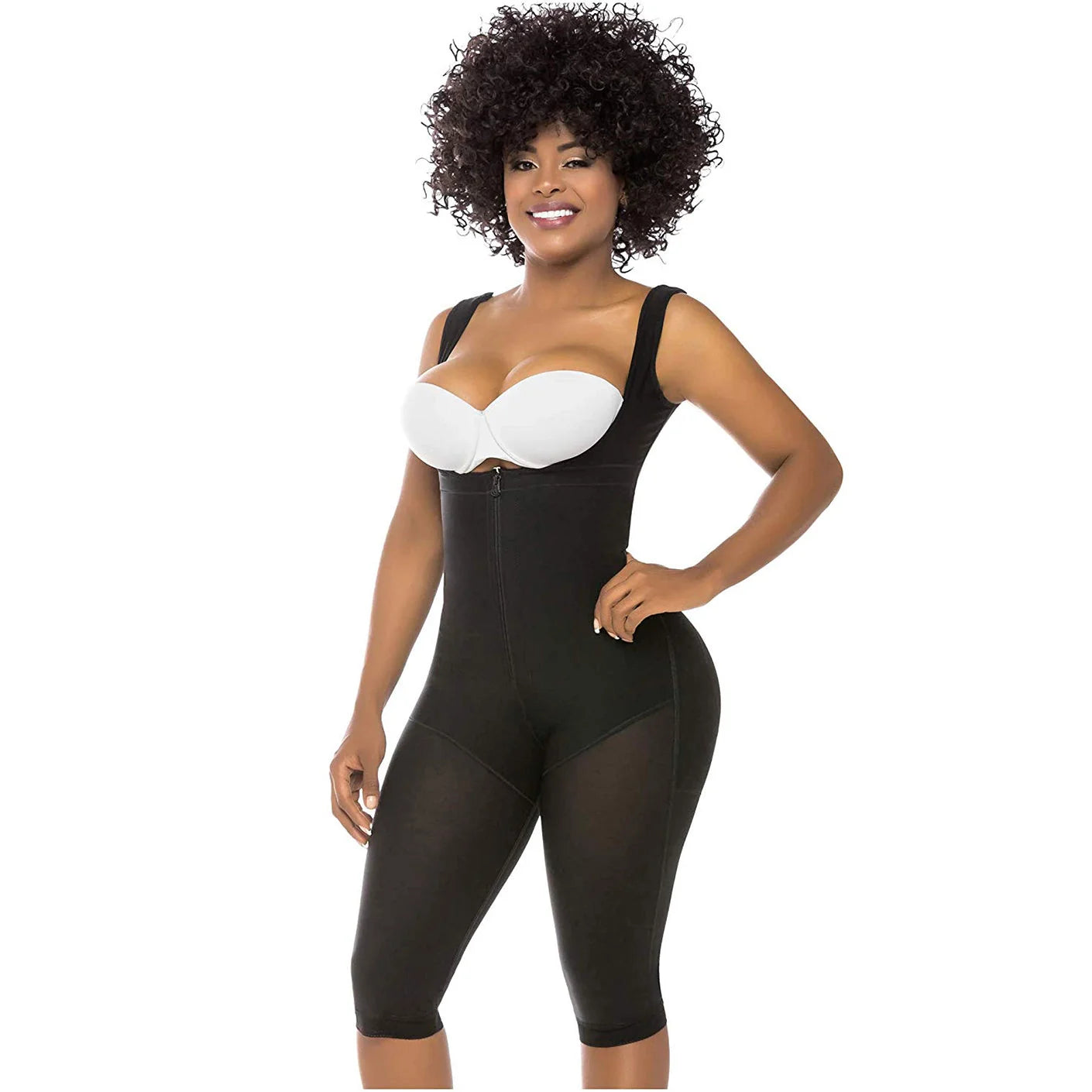 Fajas Salome 520 black full-body post-surgery faja with zip closure and knee-length cut, Colombian shapewear front view