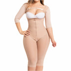 Fajas Salome 525 beige full-body post-surgery faja with arm sleeves and zipper closure, Colombian shapewear front view