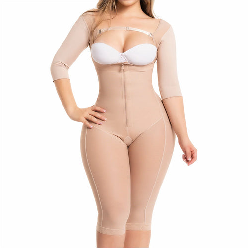 Fajas Salome 525 beige full-body post-surgery faja with arm sleeves and zipper closure, Colombian shapewear front view