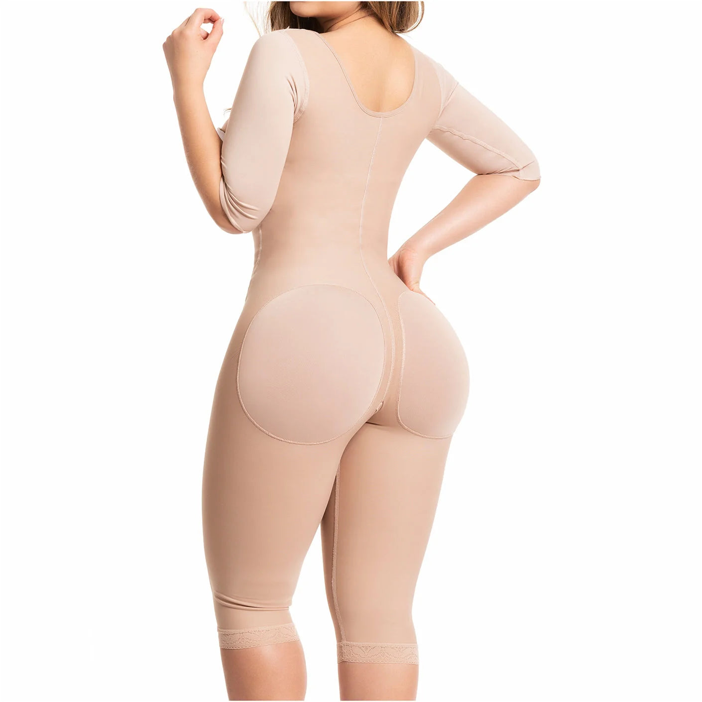 Fajas Salome 525 nude full-body post-surgery faja colombiana with arm sleeves and open-butt design, back view