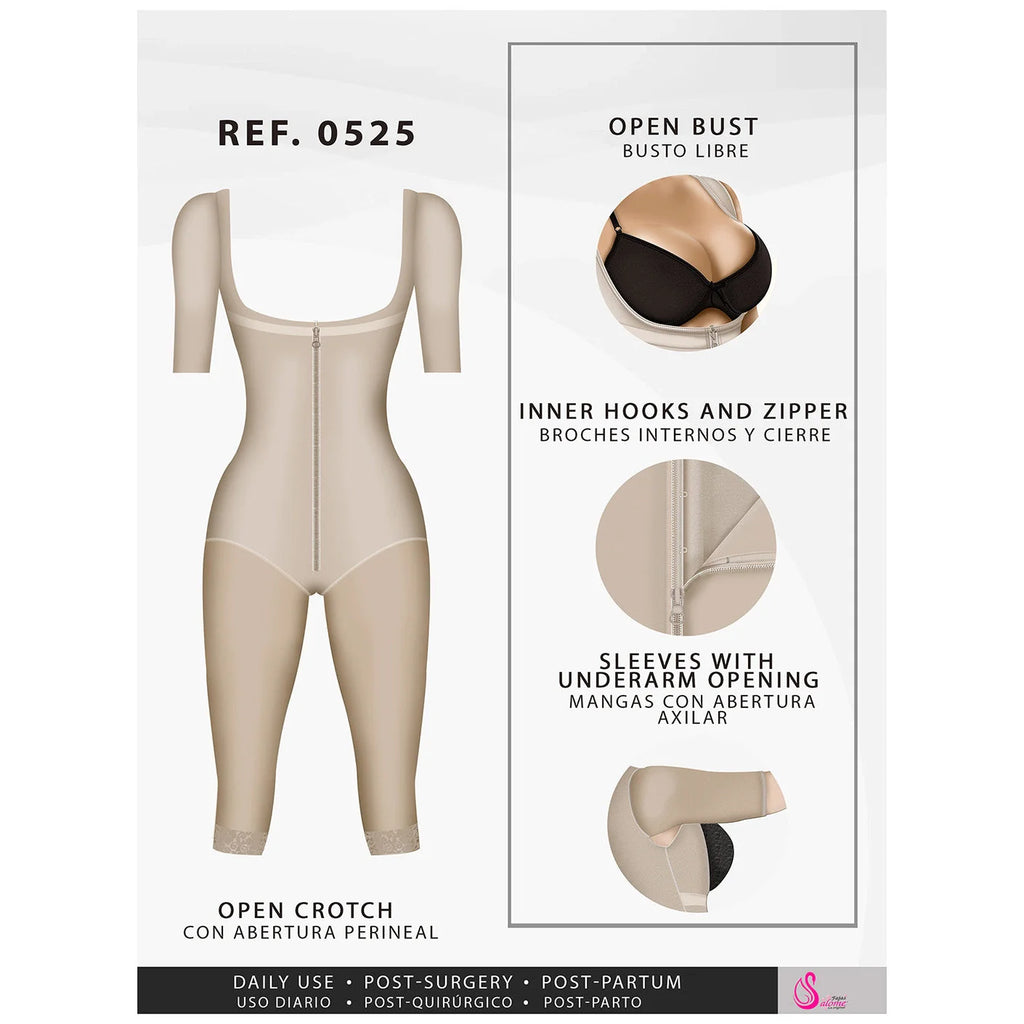 Fajas Salome 0525 beige full-body post-surgery faja with sleeves, open bust zipper closure Colombian compression garment fron