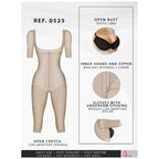 Fajas Salome 0525 beige full-body post-surgery faja with sleeves, open bust zipper closure Colombian compression garment fron