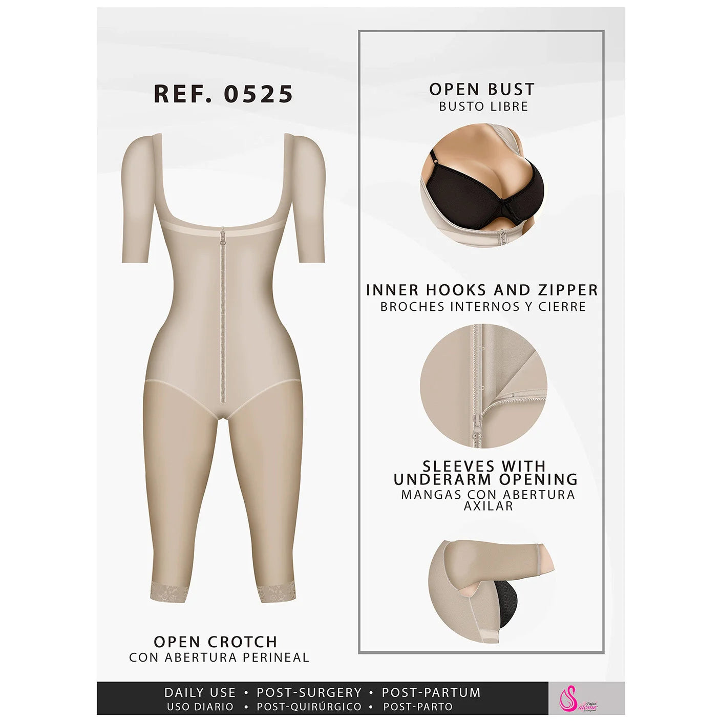 Fajas Salome 0525 beige full-body post-surgery faja with sleeves, open bust zipper closure Colombian compression garment fron