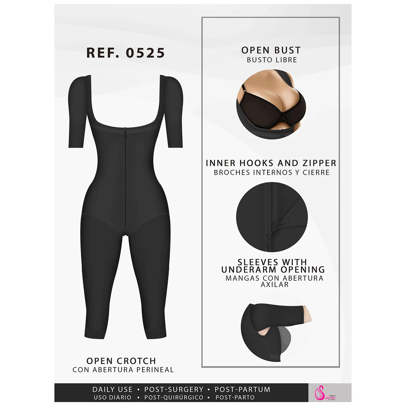 Fajas Salome 0525 black full-body post-surgery faja with sleeves, open bust Colombian compression garment front view