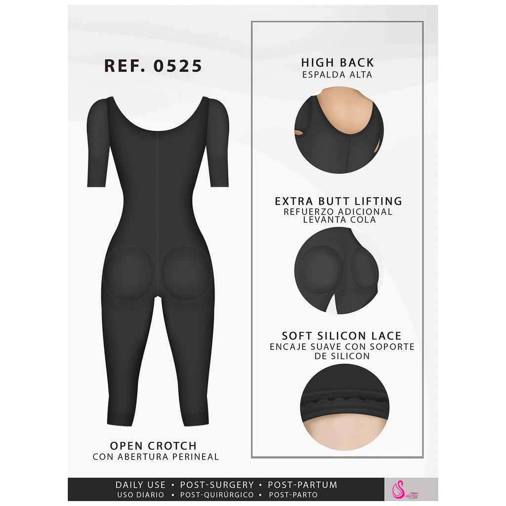 Fajas Salome 0525 black full-body post-surgery faja with sleeves, open crotch, butt lifting Colombian shapewear front view