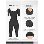 Fajas Salome 0525 black full-body post-surgery faja with sleeves, open crotch, butt lifting Colombian shapewear front view