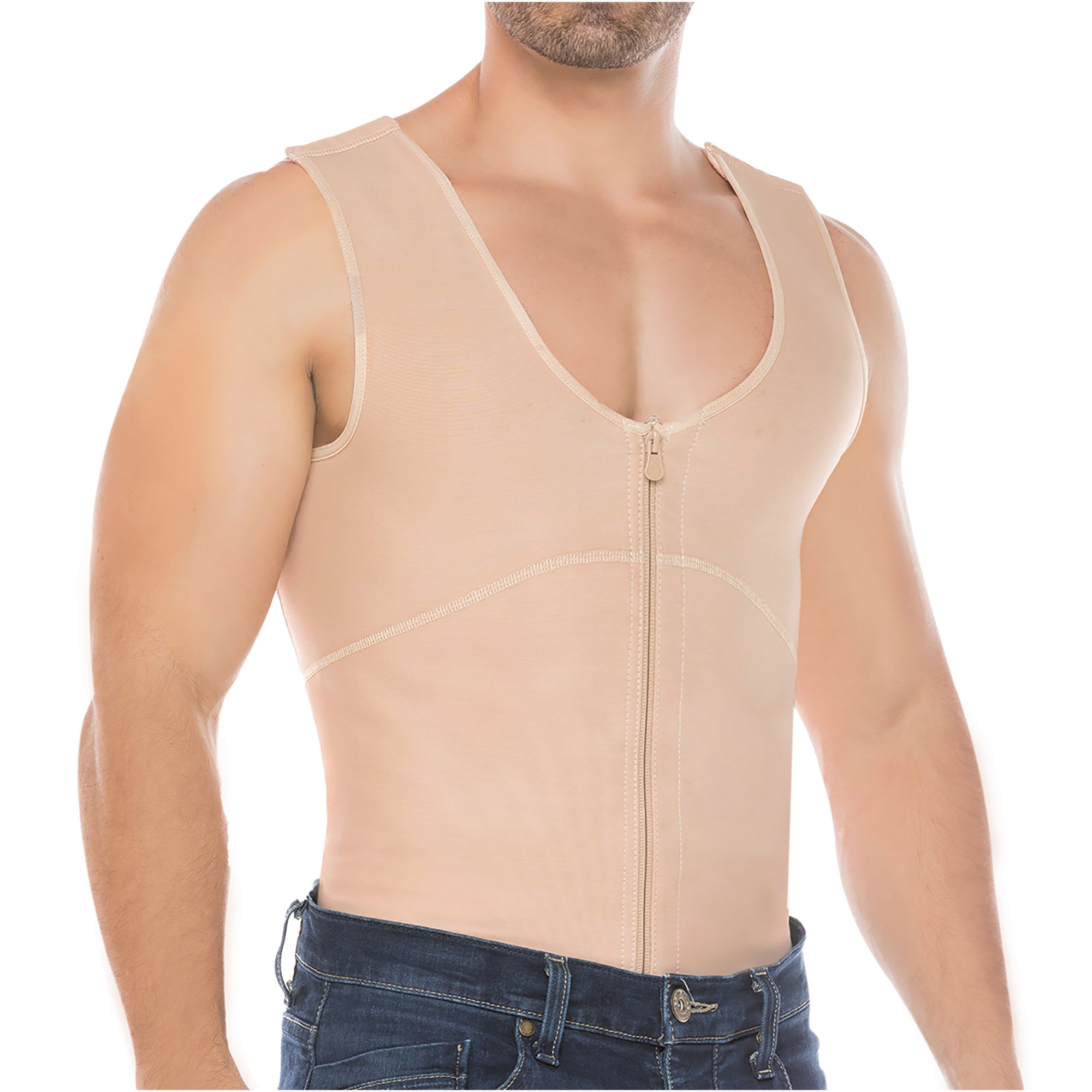 Fajas Salome SH-122C beige men's compression vest with front zipper, Colombian shapewear body shaper side view