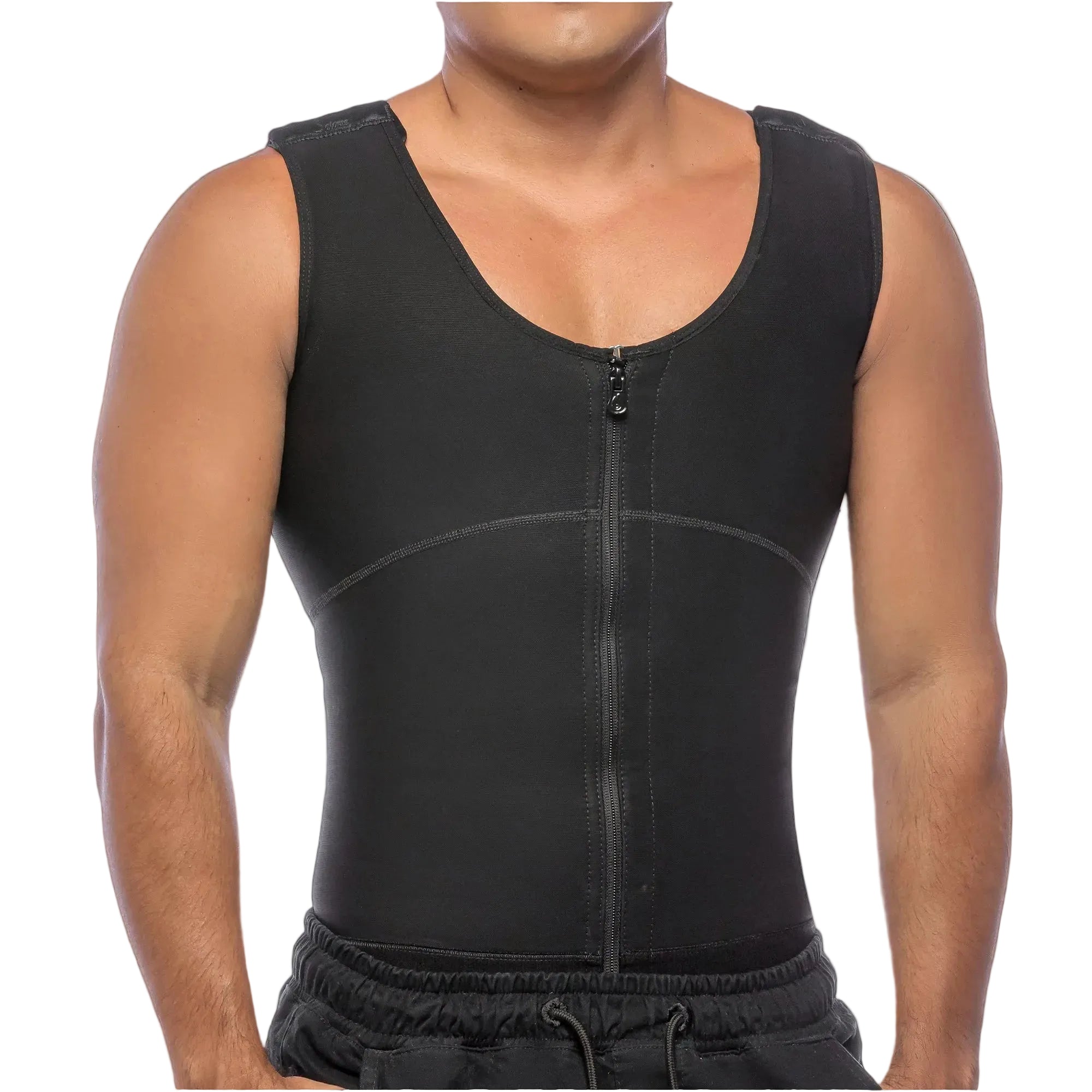 Fajas Salome SH-122C black men's compression vest with front zipper, Colombian shapewear body shaper front view