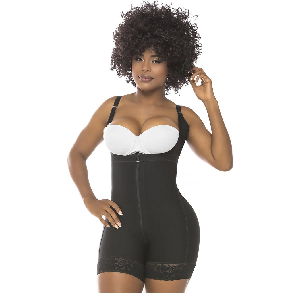 Fajas Salome 216 black open-bust body shaper with zipper closure and lace trim, daily Colombian shapewear front view