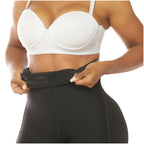 Fajas Salome 219 black high-waist shaper shorts with hook closure, Colombian shapewear faja colombiana front lifestyle view