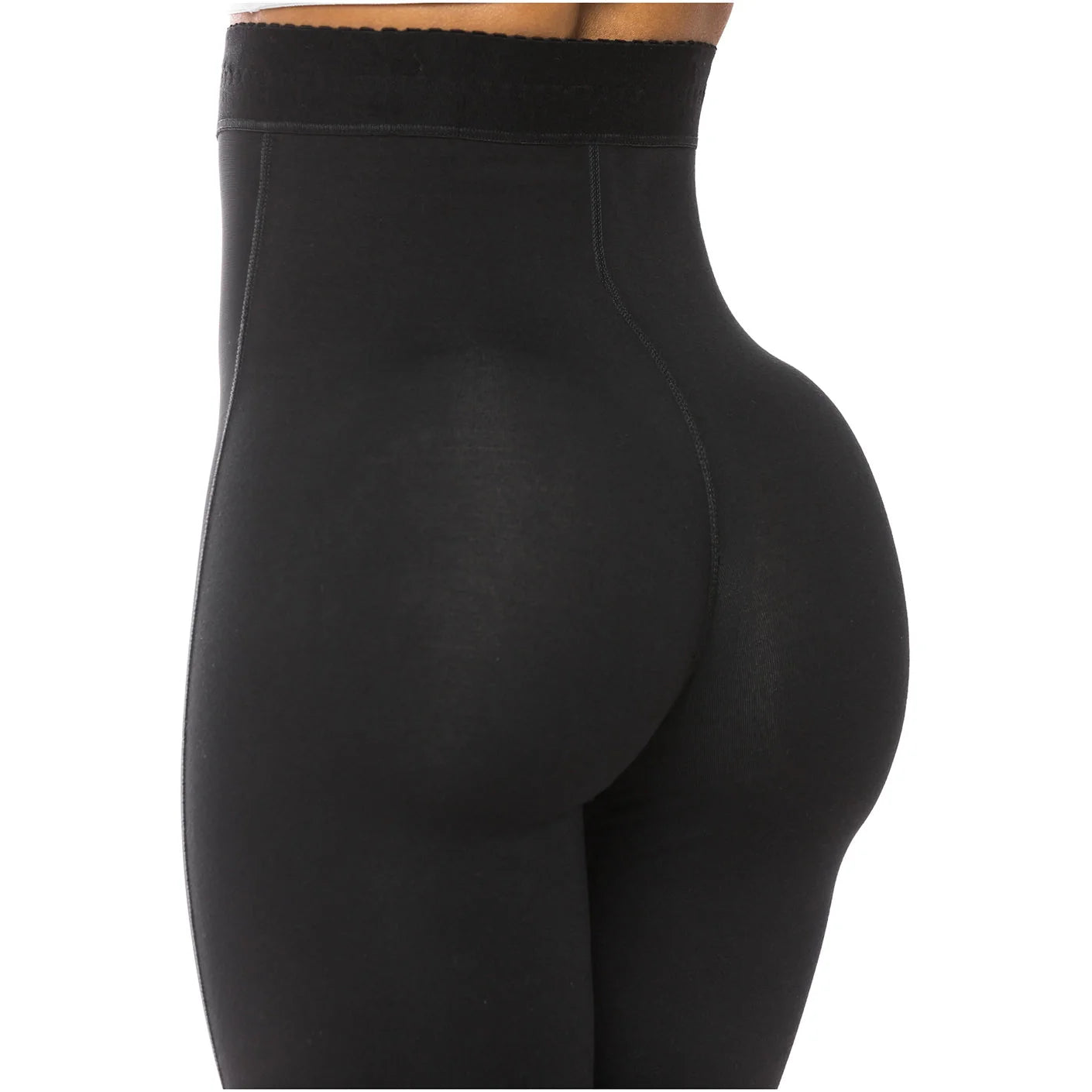 Fajas Salome 219 black high-waist shaper shorts side view, Colombian shapewear with butt-lifting compression for women