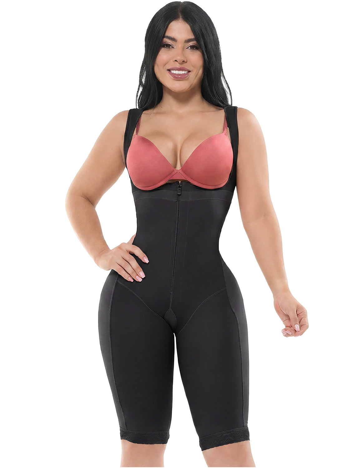 Fajas Salome 232 black full-body post-surgery faja with front zipper and knee-length cut, Colombian shapewear for postpartum 