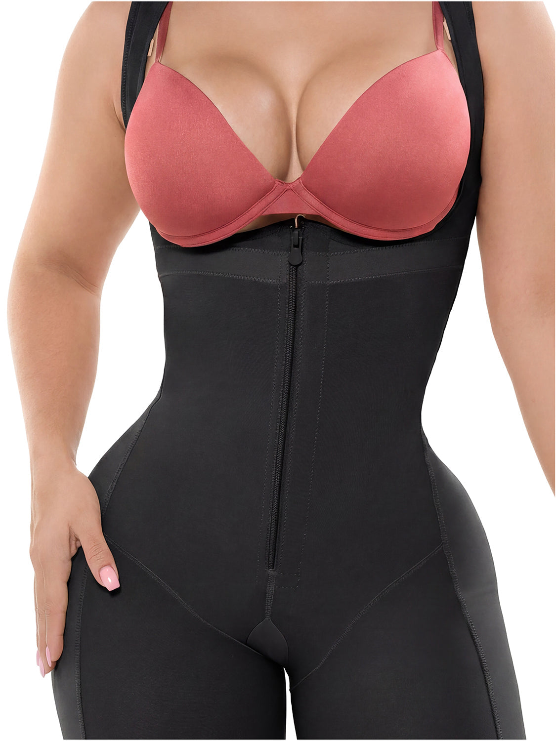 Fajas Salome 232 black full-body Colombian shapewear with front zipper closure, post-surgery compression faja front view