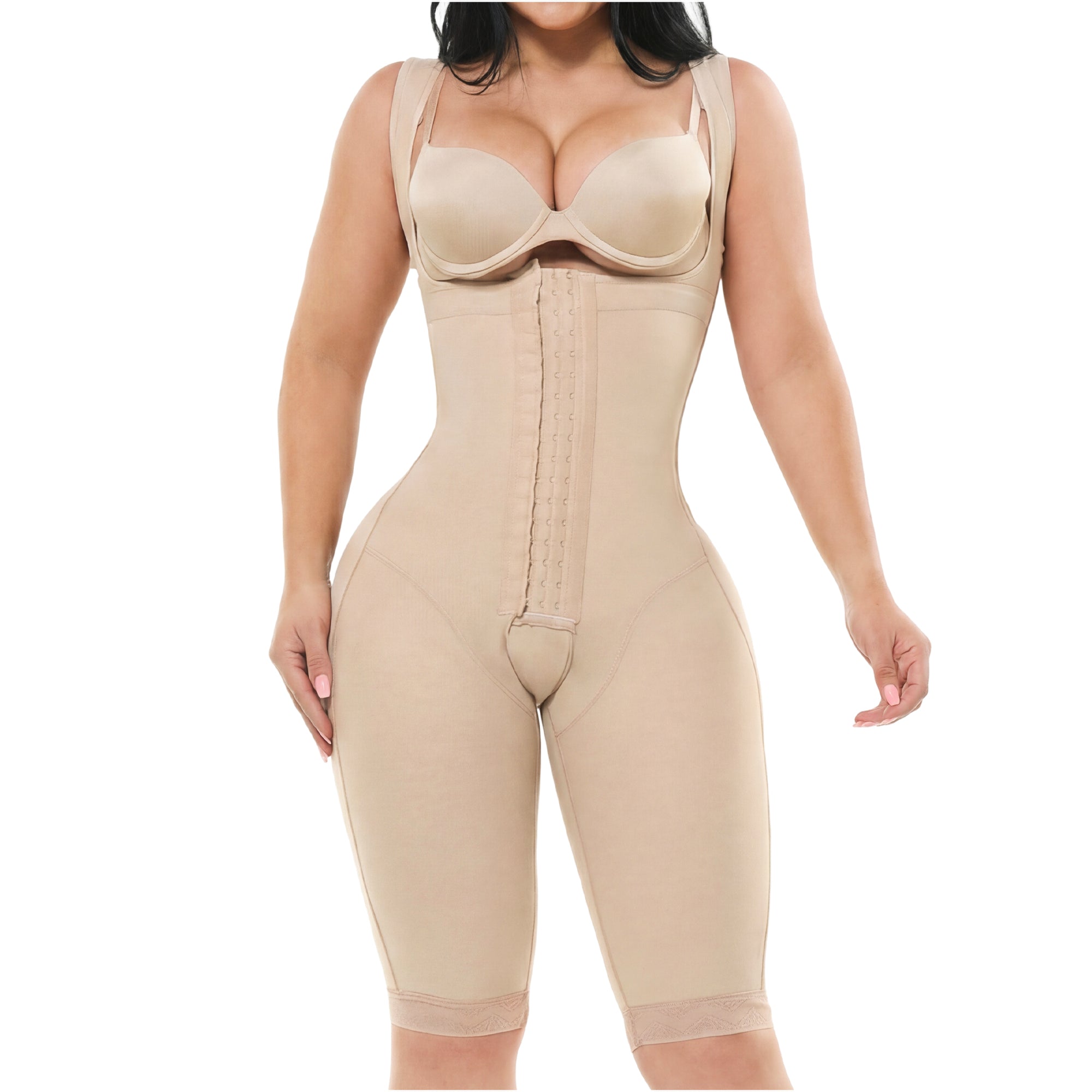 Fajas Salome 232 beige full-body post-surgery faja with hook closure and built-in bra, Colombian shapewear front view