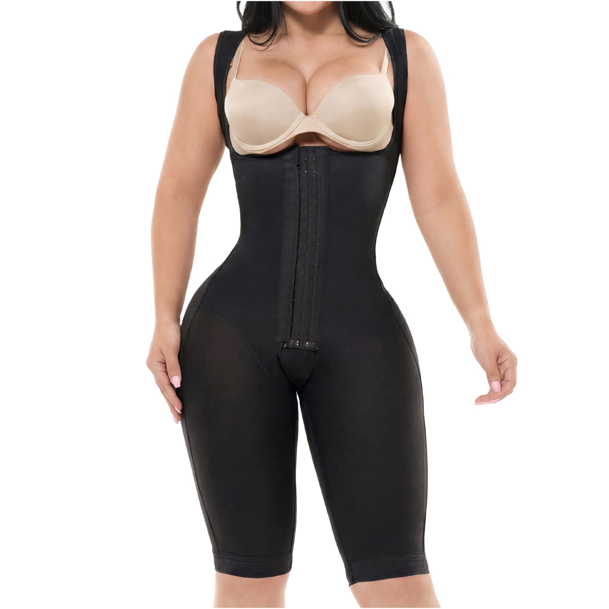 Fajas Salome 232 black open-bust body shaper with hook closure, Colombian post-surgery compression garment front view