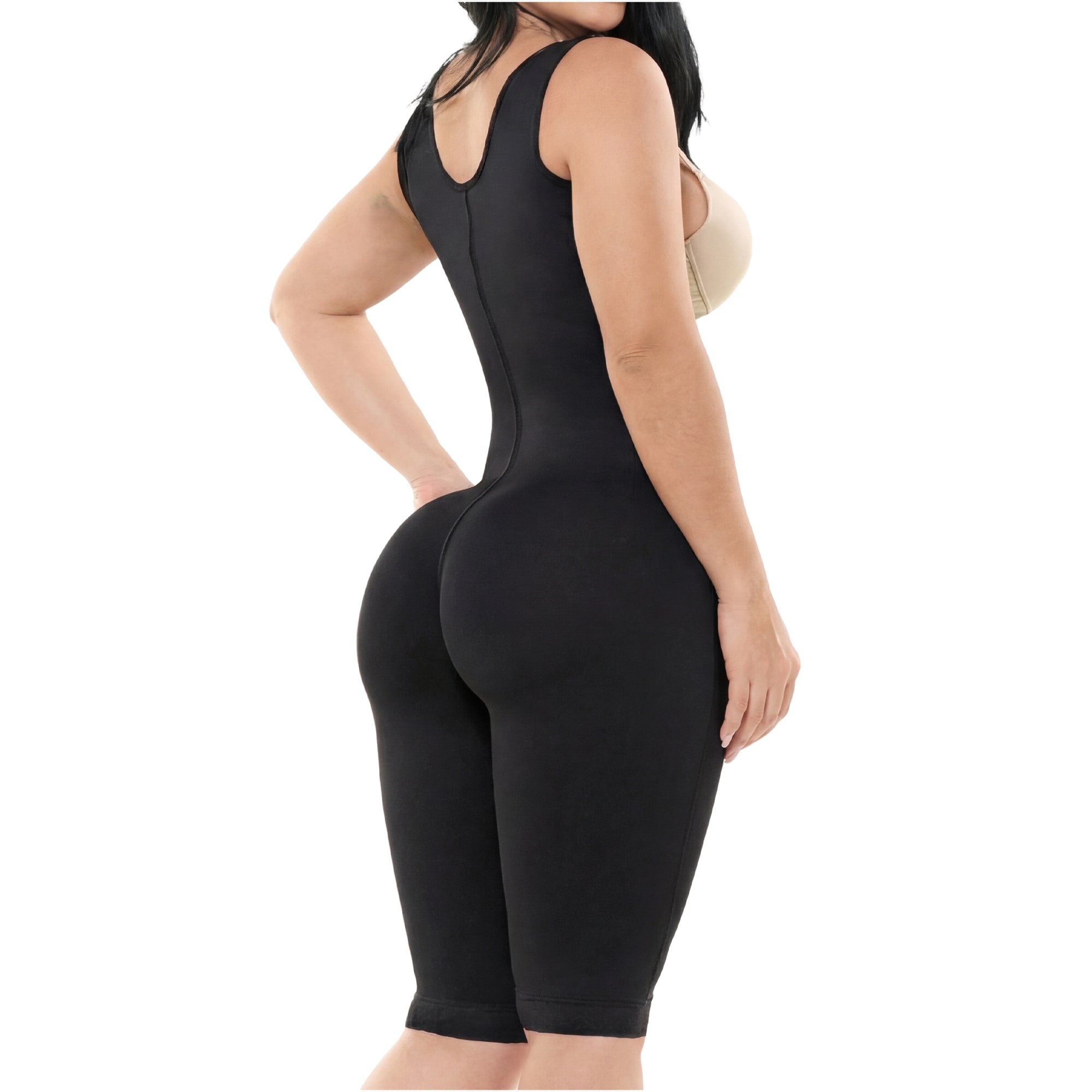 Fajas Salome 232 black full-body Colombian shapewear bodysuit with open-bust design, post-surgery compression garment back vi