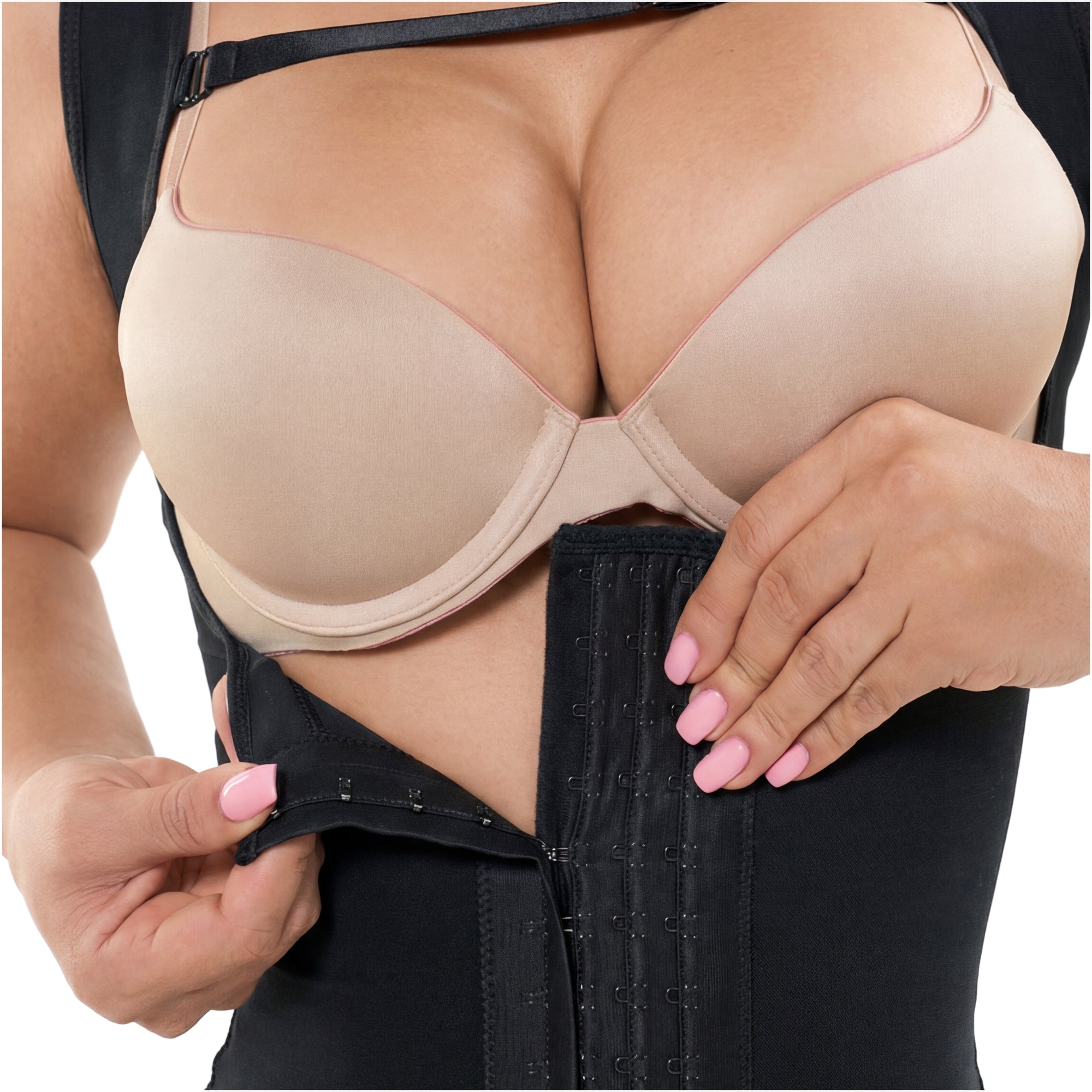 Fajas Salome 232 black post-surgery faja colombiana with hook-and-eye closure, Colombian shapewear for postpartum recovery fr
