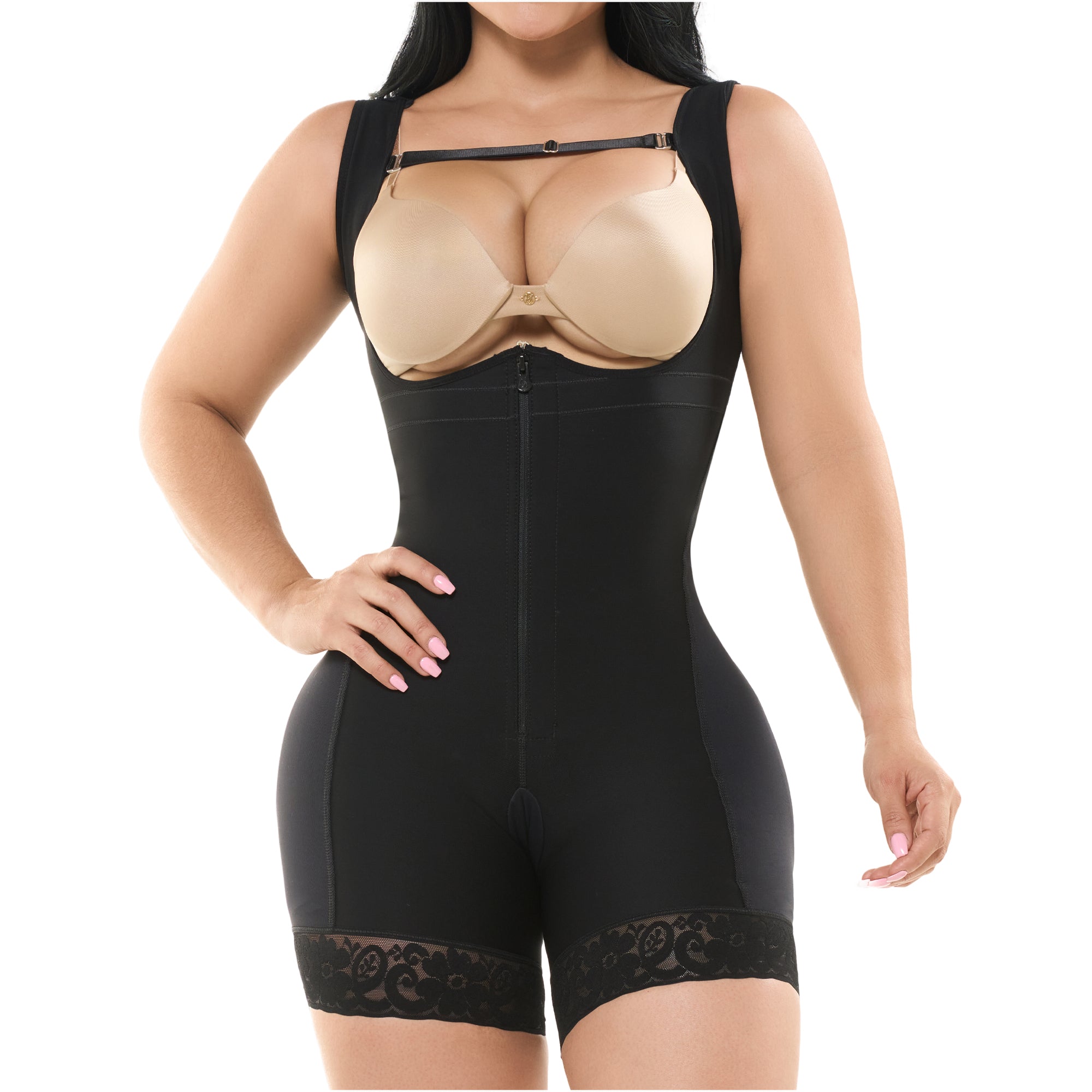 Fajas Salome 233 black open-bust bodysuit with lace hem, Colombian post-surgery faja compression garment front view