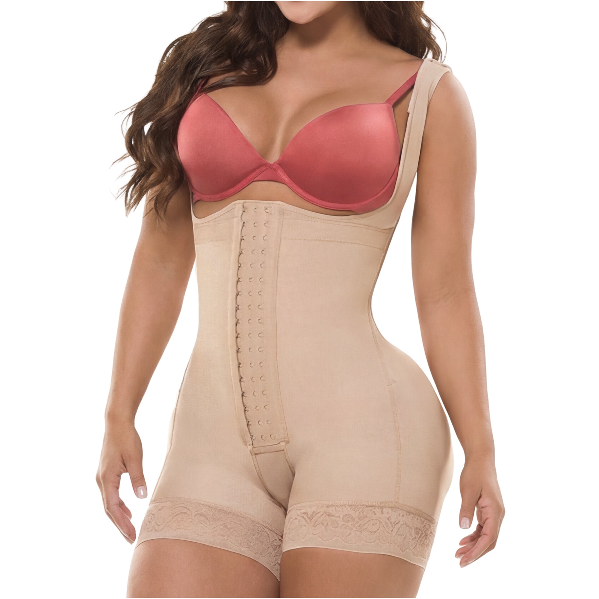 Fajas Salome 233 beige open-bust bodyshaper with hook closure, Colombian post-surgery faja for postpartum recovery front view