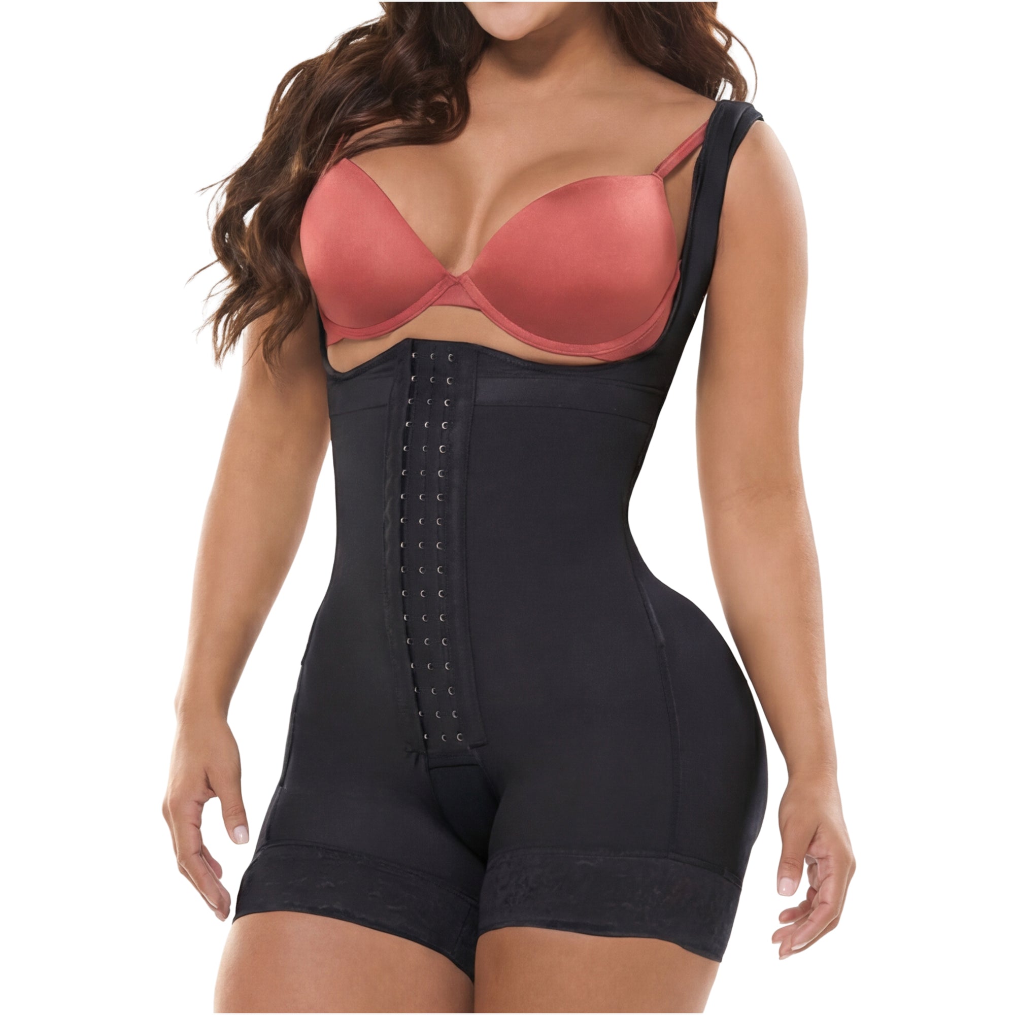 Fajas Salome 233 black open-bust bodysuit with hook closure, Colombian post-surgery faja compression garment front view