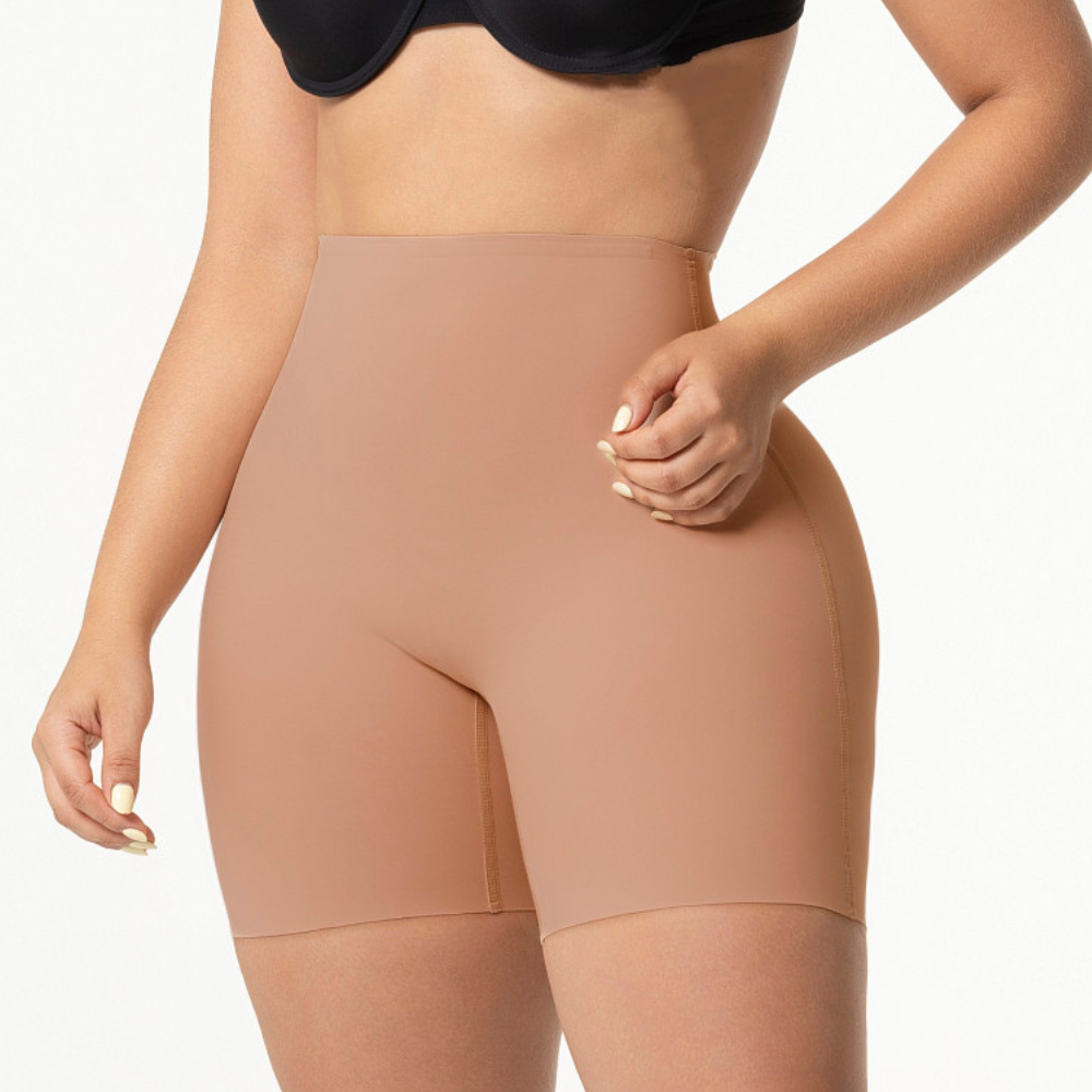 Fajas Salome 2410 nude high-waist shaper shorts front view, Colombian shapewear body shaper for daily slimming