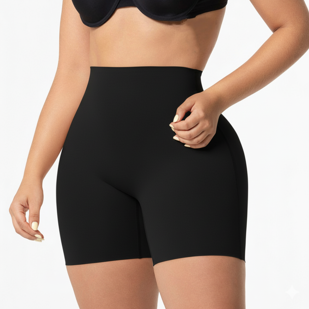 Fajas Salome 2410 black high-waist shaper shorts front view, Colombian shapewear body shaper for daily tummy control women