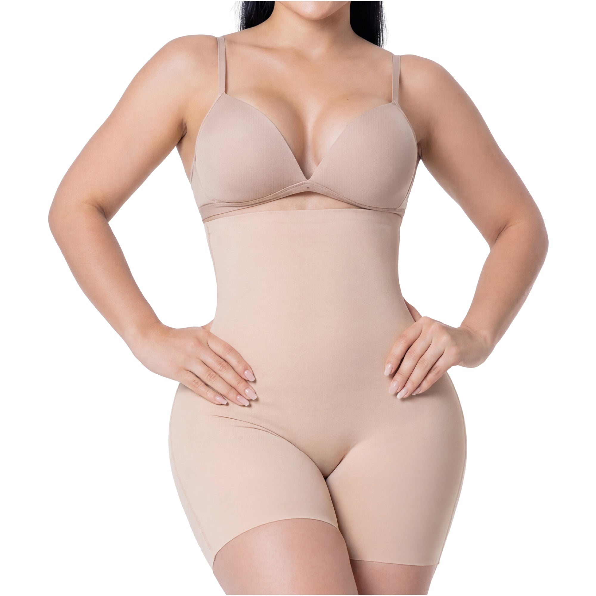 Fajas Salome 2410 nude high-waist body shaper shorts with bra, Colombian shapewear for daily tummy control front view
