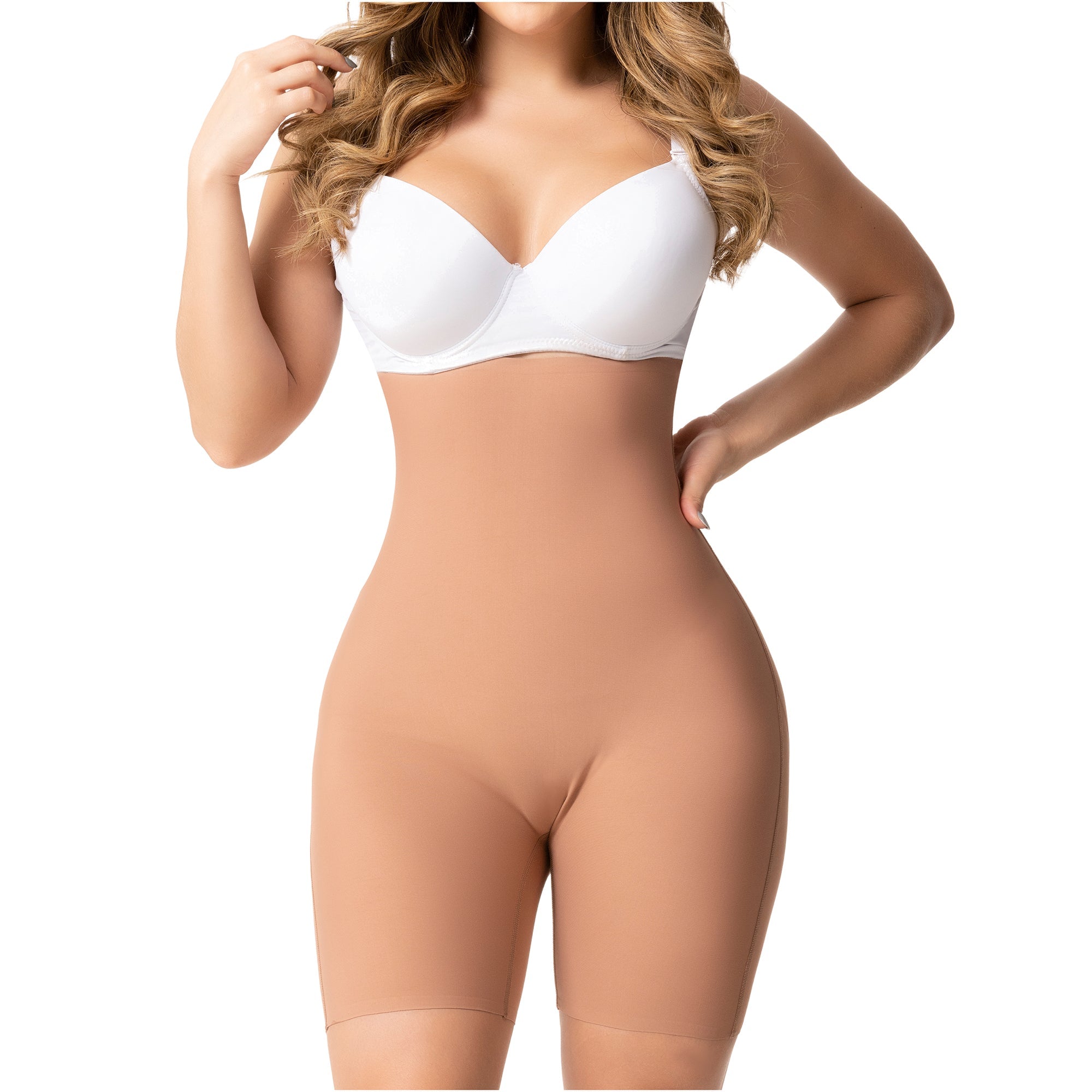 Fajas Salome 2410 nude high-waist Colombian shapewear shorts with mid-thigh cut, daily body shaper for women front view
