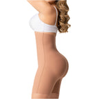 Fajas Salome 2410 beige Colombian shapewear mid-thigh bodysuit with white bra, daily body shaper side view