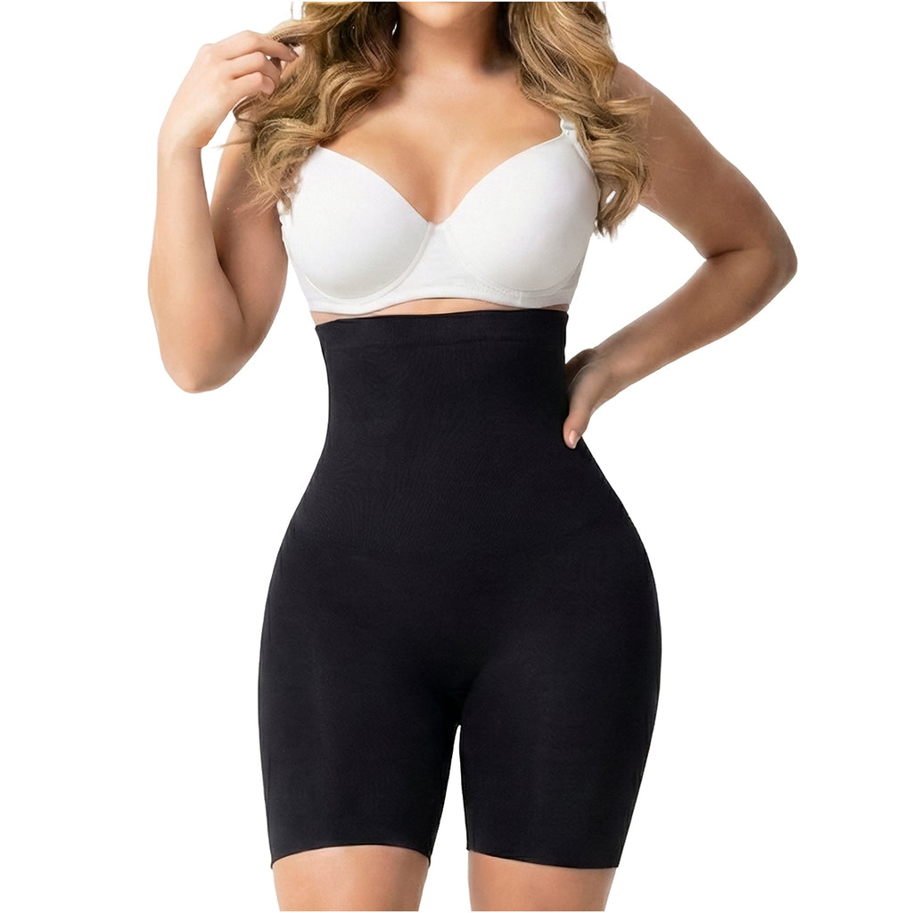 Fajas Salome 2410 black high-waist shaping shorts, Colombian shapewear body shaper for daily tummy control front view