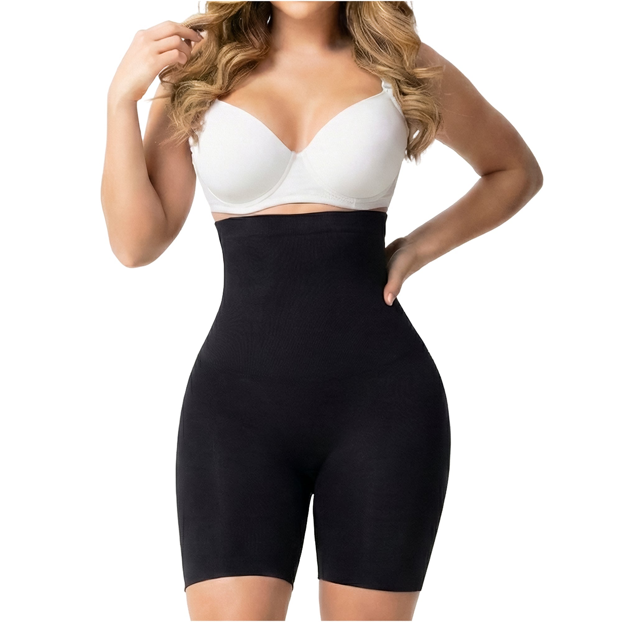 Fajas Salome 2410 black high-waist shaping shorts, Colombian shapewear body shaper for daily tummy control front view